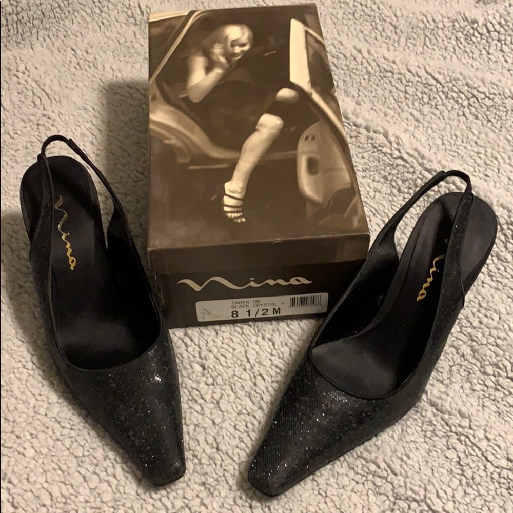 Black crystal sling back pump